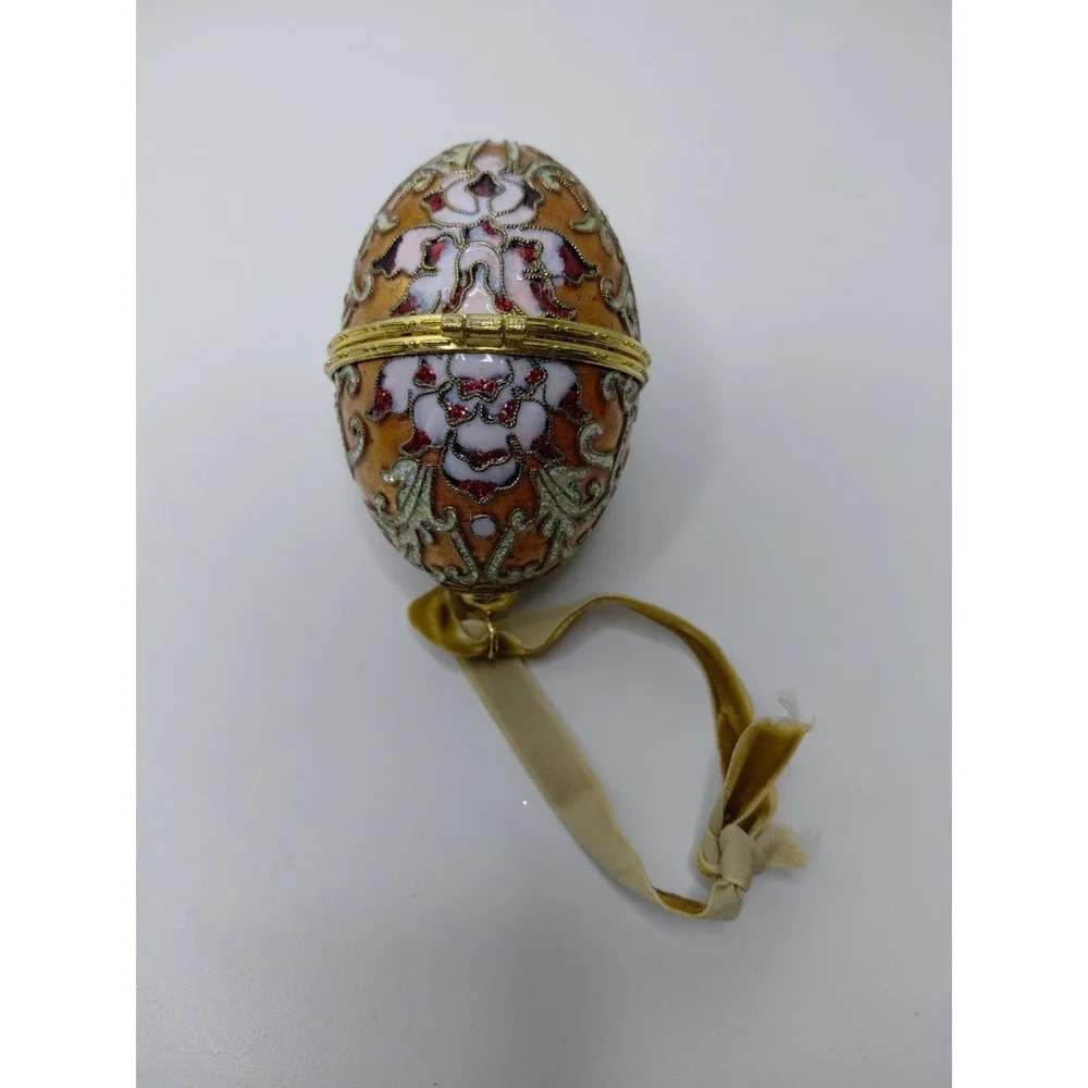 Vintage Cloisonné‎ Hinged Golden Jeweled Egg Box Ornament